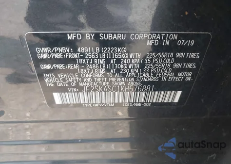 2019 Subaru Forester Limited z USA, uszkodzony, nr VIN JF2SKASC1KH576881